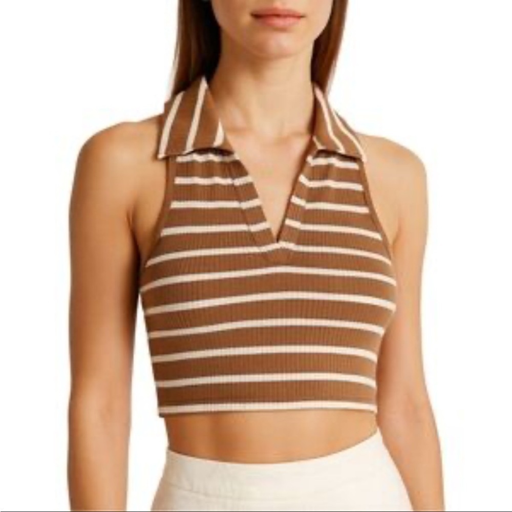 Liz & Sara Brown Striped Preppy Collar Cropped Top